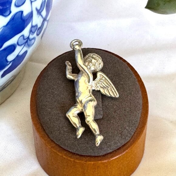 VTG Solid Sterling Silver 925 Cherub Baby Angel Pendant Size 1.75'' Length